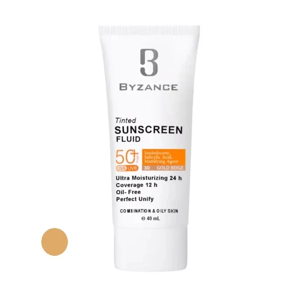 بیزانس فلوئید ضد آفتاب رنگی SPF50 پوست چرب بژ طلایی (30)
